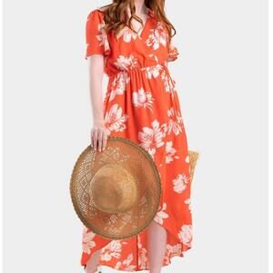 Francesca's Mi Ami Dawn Floral Wrap Dress Coral Pink Floral Print Dress Large